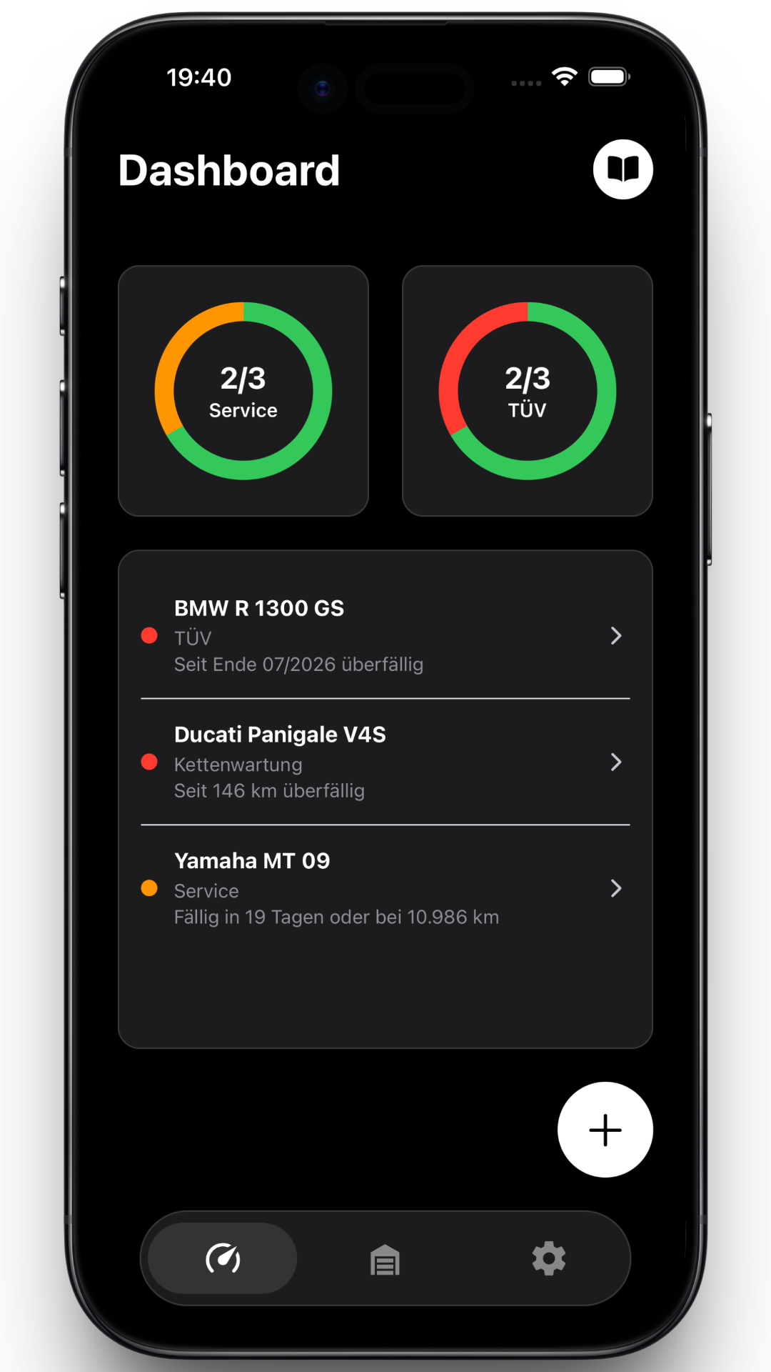 CheckMyMoto App - Dashboard Ansicht mit TÜV-Erinnerung und Todos im Dark Mode