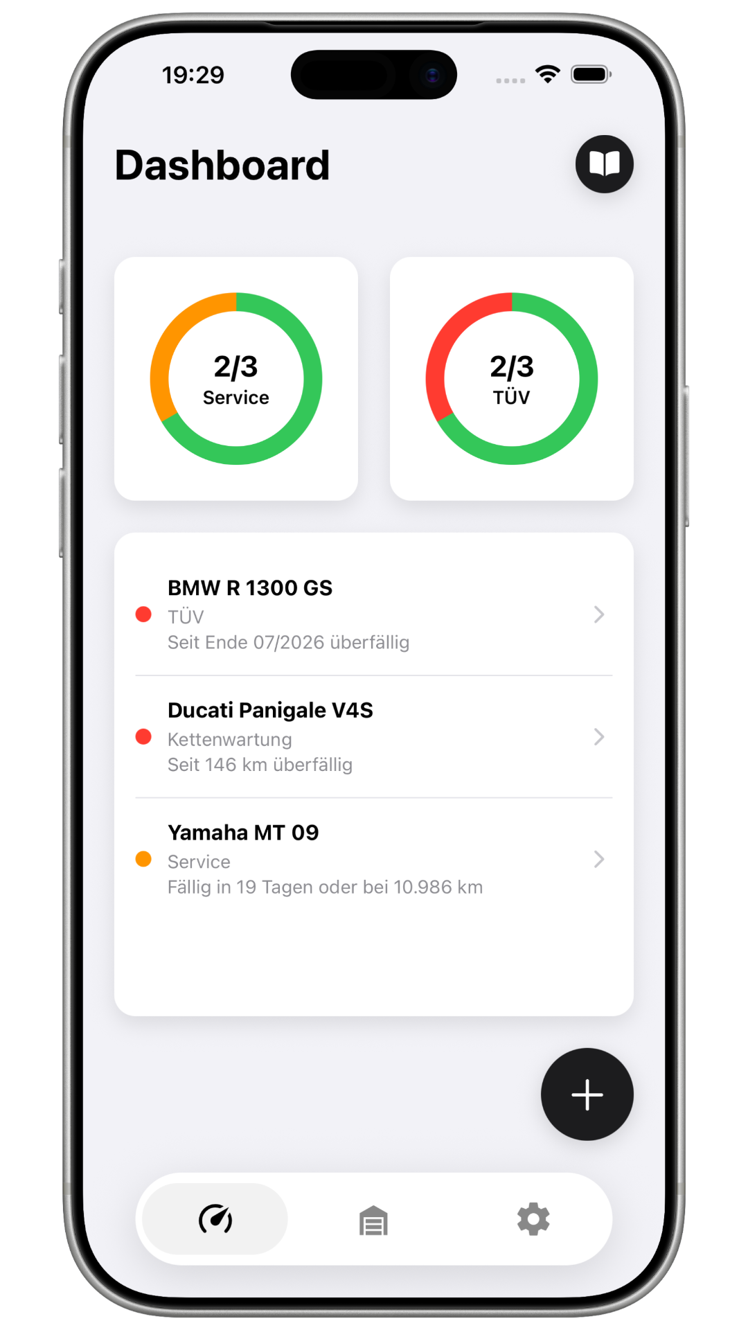 CheckMyMoto App - Dashboard Ansicht mit TÜV-Erinnerung und Todos im Light Mode