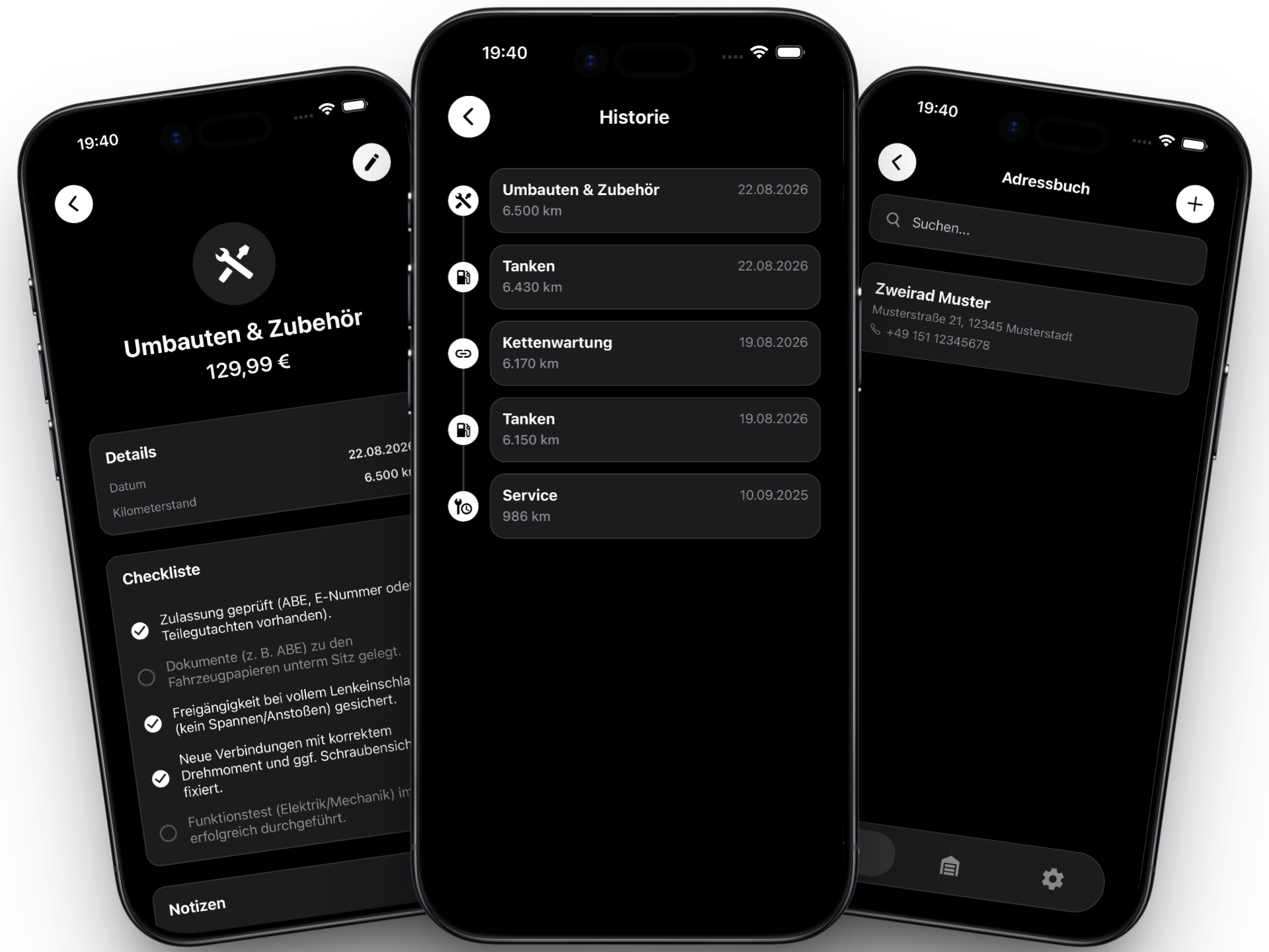 CheckMyMoto App - Komplette Motorrad-Historie und Werkstattbesuche im Dark Mode